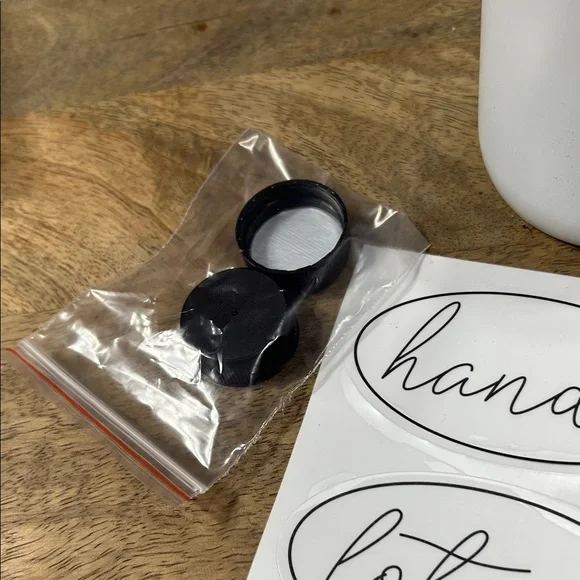 White glass Soap Dispenser Set with Black Pumps and labels - Picture 8 of 16